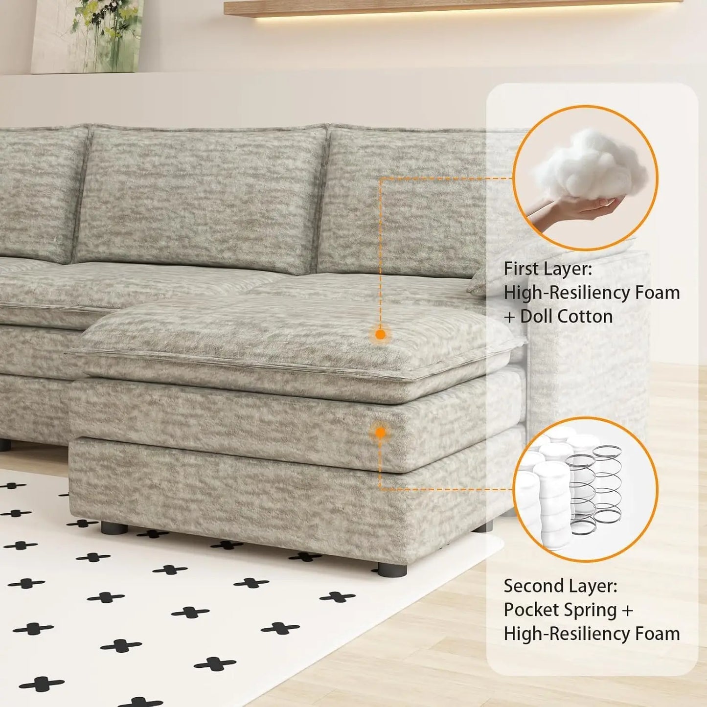 INDOOR 108" Modular Couch,Ottoman, Modern Comfy,Chenille L Shaped Sofa Deep Seat,, Customized