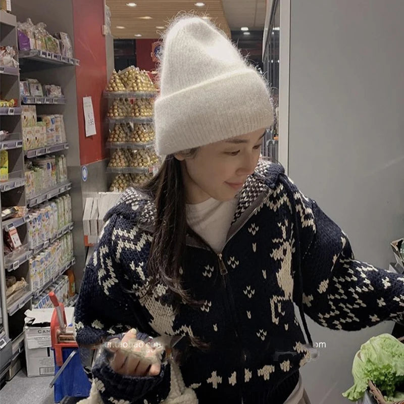 2024 Fluffy  Angora Hat Rabbit Fur Warm Winter Cashmere Wool Soft  Beanies Knitted Outdoor Female