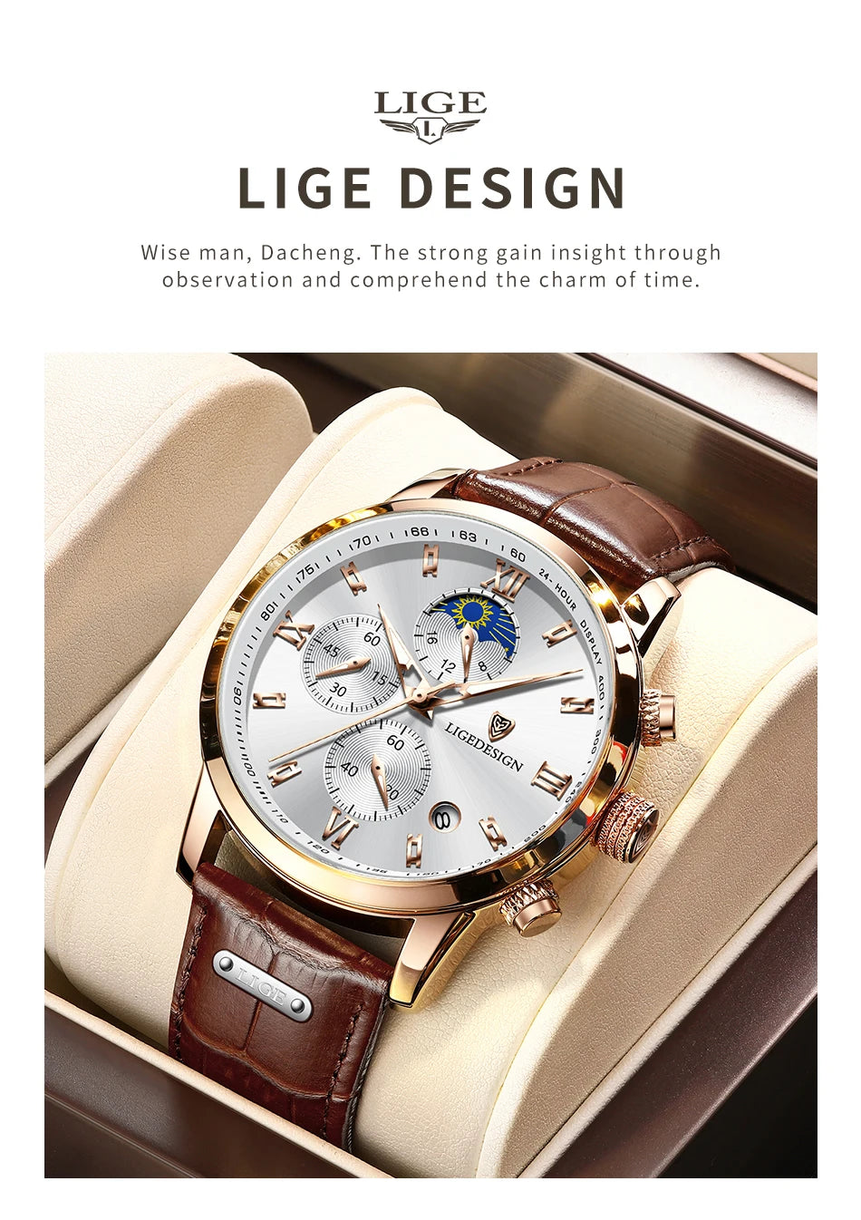 LIGE Business Watch Men Fashion Leather Military Waterproof Mn's Quartz 24 Hour Moon Phase