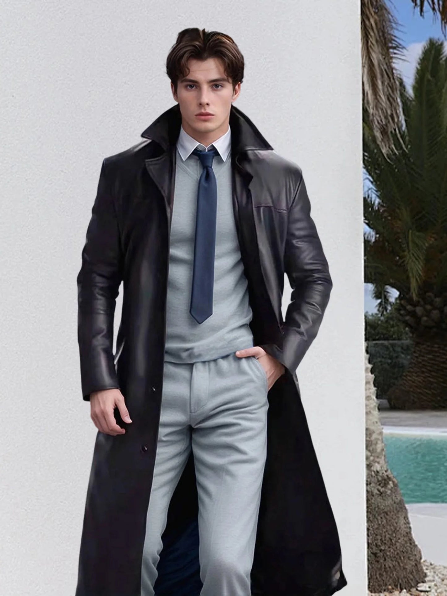 Men s Faux Leather Jacket Classic Lapel Collar Long Sleeve Button Closure Windproof Fall Winter