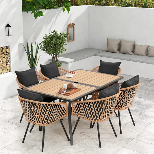 7-Piece All-Weather Rattan Patio Dining, 60" Wood Table, Removable Cushions & Umbrella Hole