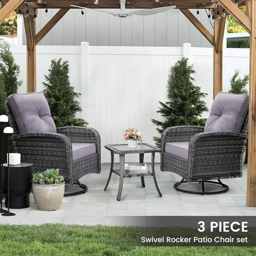 2 Luxury Outdoor Swivel Wicker Glider Chairs, Table, Overstuffed Washable Cushions,  Porch,Deck