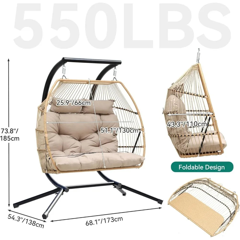 2 Person Hanging Egg Swing Chair,W/Stand, Wicker Indoor Outdoor Hammock, Cushions 550lbs, Patio