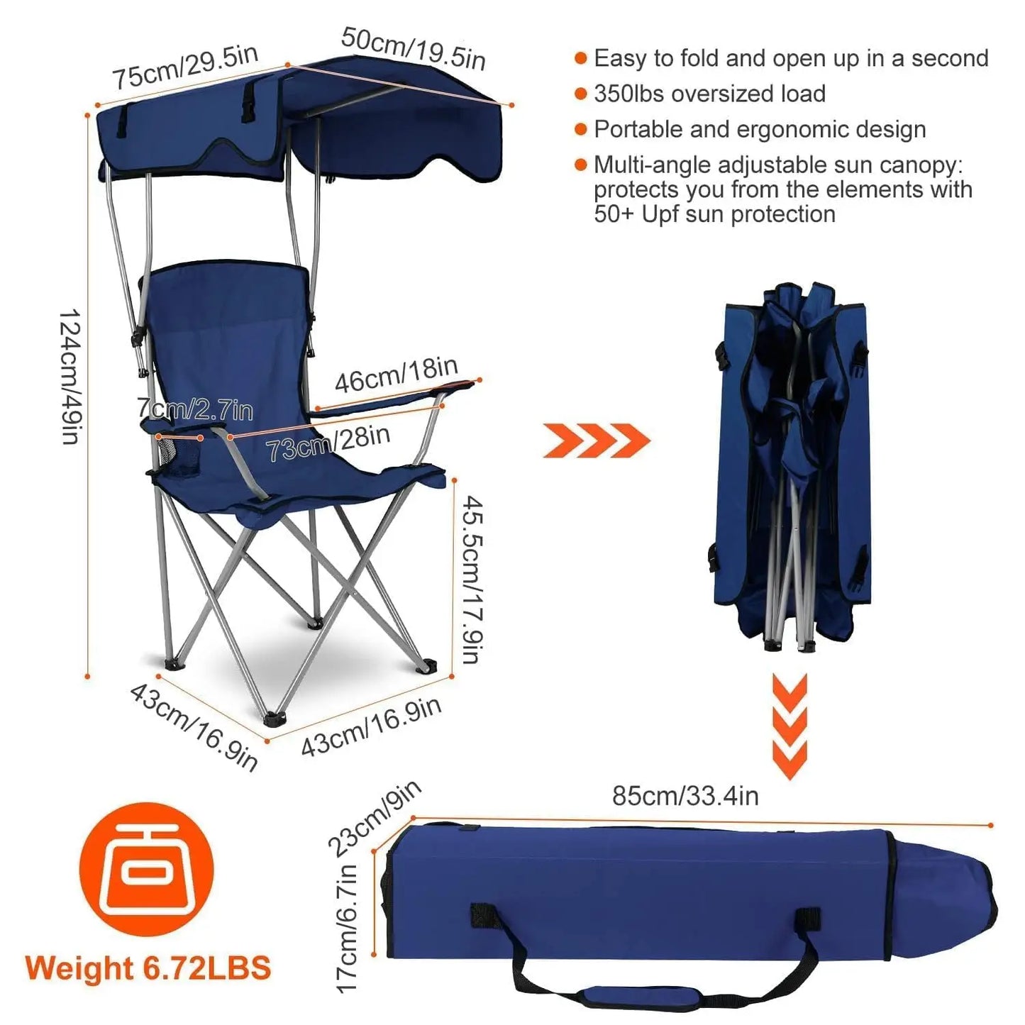 Camping Chair w/Canopy, Folding Lounge Chair, Adjust UPF 50+ Sun Shade & Cup Holder, Reclines