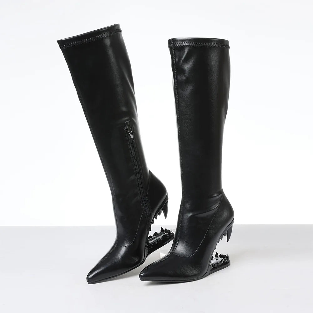 Women'S Y2K Goth Pointed Knee High Boots Punk Metallic Teeth Wedges High Heels Side Zipper Sexy