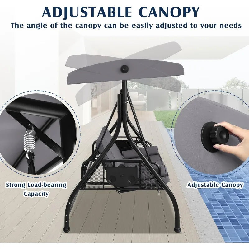 Outdoor Porch Swing,Canopy & Stand, 3 Person, for Adults, Convertible 2 in 1 Porch Bed Swing w/ Cup