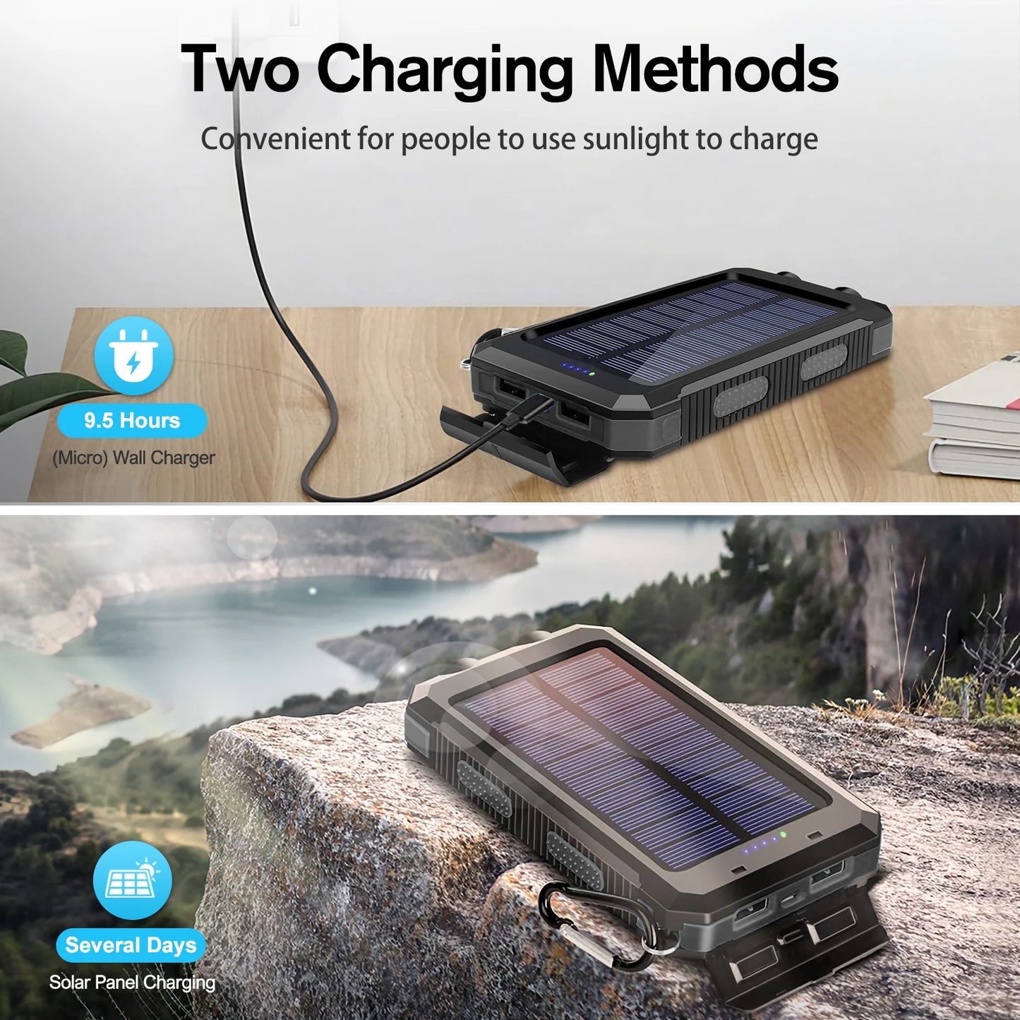 30000mAh Solar Power Bank Portable Dual 5V USB Ports 2 LED Light Flashlight Fast Charge phones ntbk