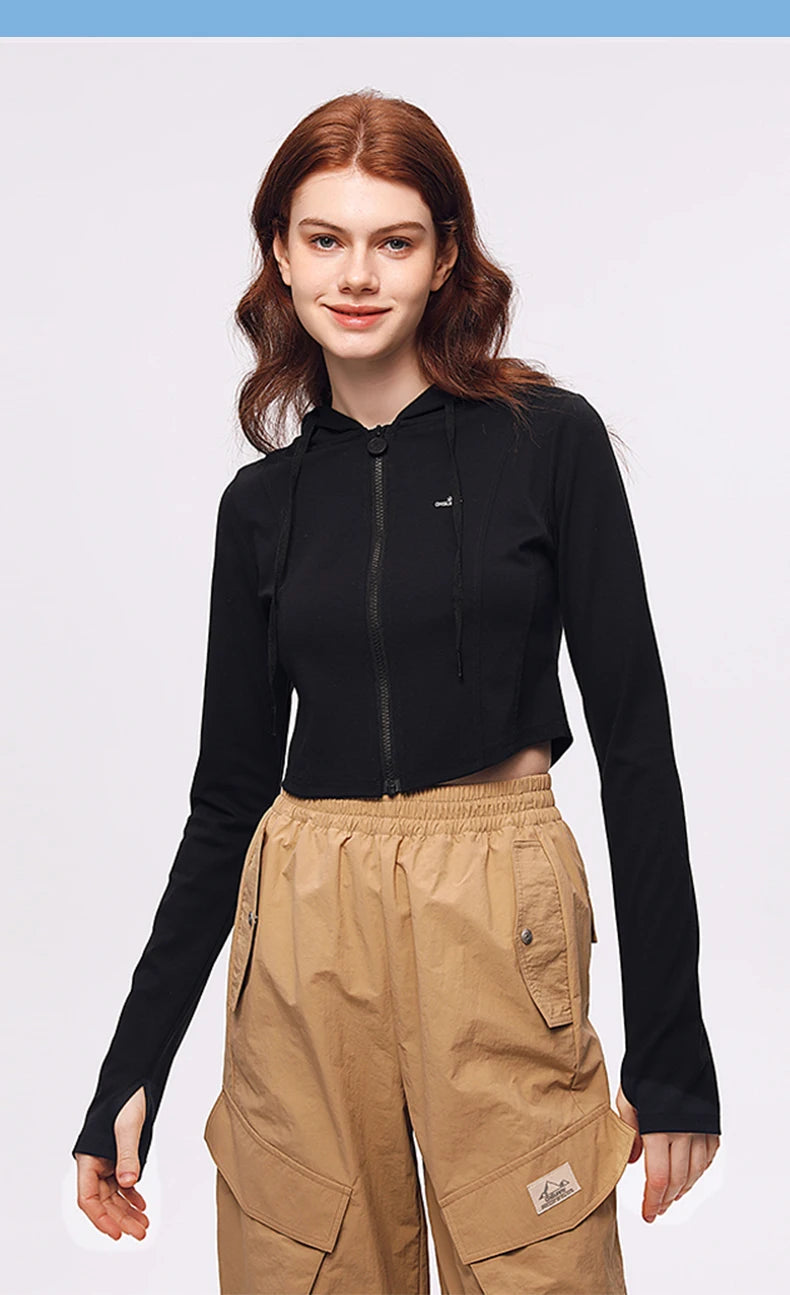 OhSunny Short Workout Jacket for Women Summer UV Stretch Slim Clothing Sports Long-sleeved Hoodie