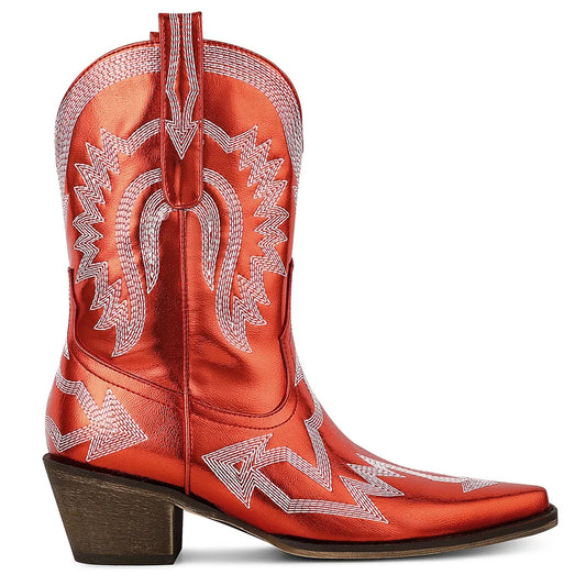 Women's Metallic Cowboy Boots Embroider Pointed Toe Chunky Heels Pull On Vintage Wide Calf Western