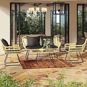 Patio Furniture Wicker Bistro Set, 4-Piece All Weather Rattan Conversation Loveseat Sets