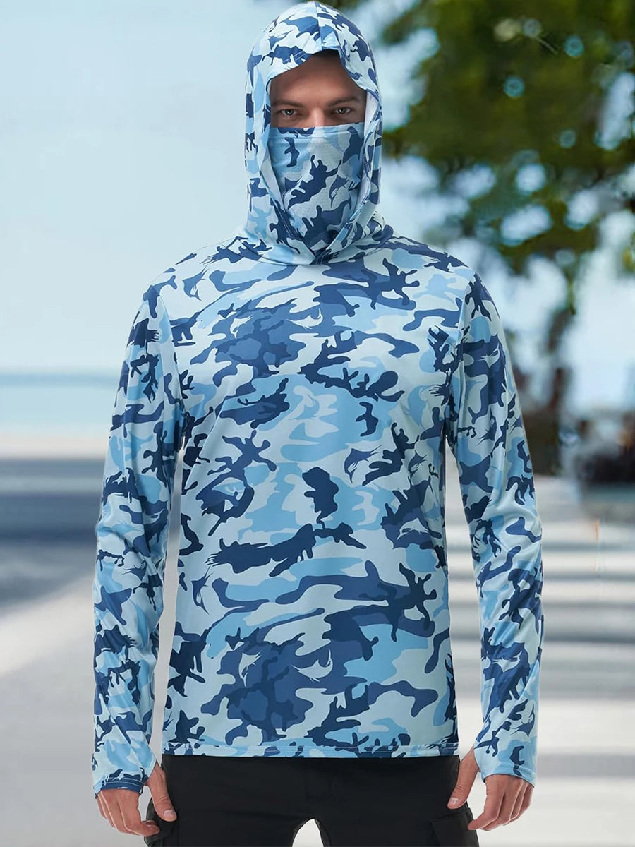 Men s Fishing Shirt Camo Print Hoodie, Built-in Face Mask Sun Protection, Hiking and Running