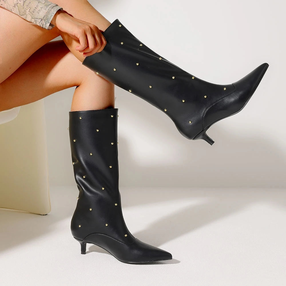 Fashion Women Mid Calf Boots Point Toe Med Heels Rivet Metal Wide Calf Boots 2025 Designer