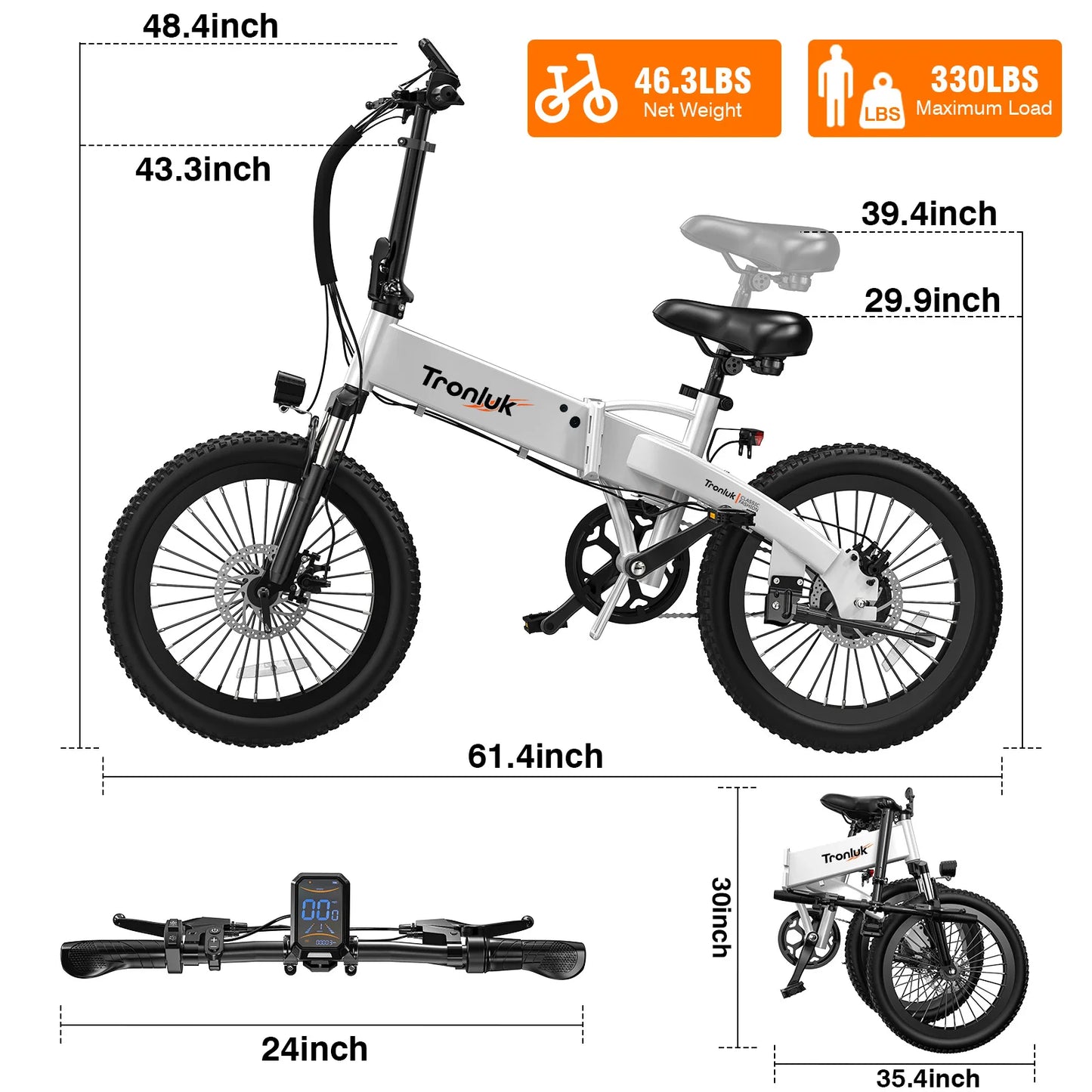 E-bicycle 720W peak 48V12AH 20 inch * 2.4 road tire 5-speed with assisted riding 20MPH urban commute