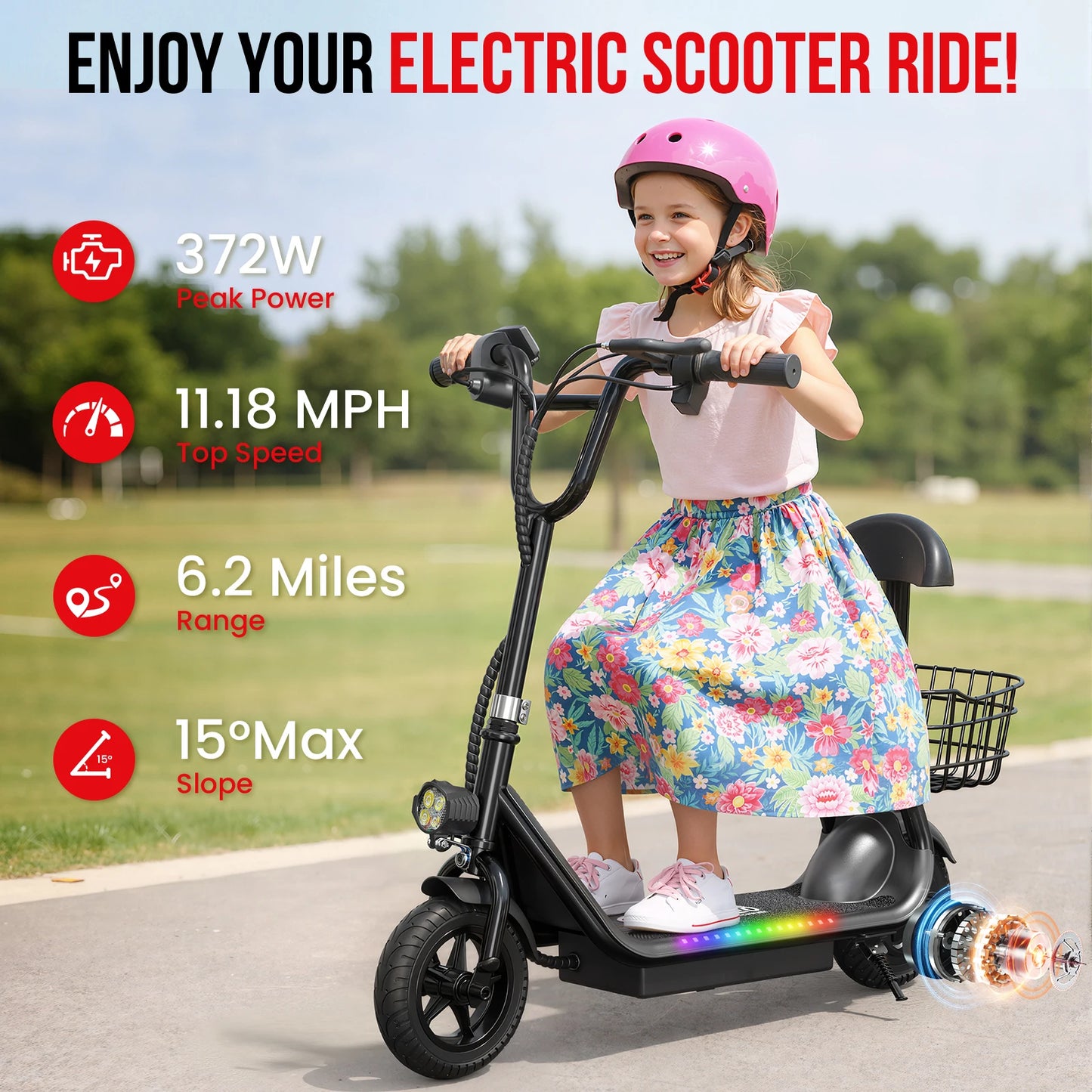 Kids E-Scooter, Blue tooth Speaker Foldable Design Seat, Basket LED Light Strip 11MPH Speed 132lbs
