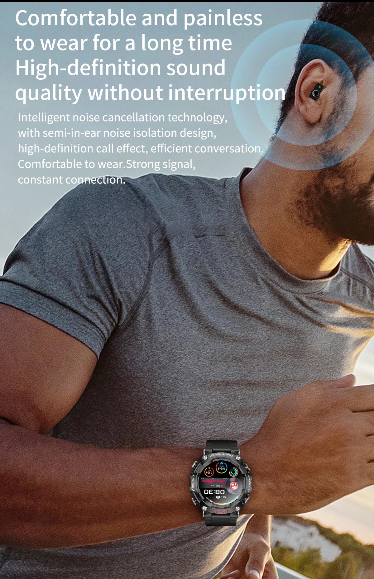 Smart Watch AMOLED Display In-Ear Bluetooth Headset Heart Rate Blood P, Oxygen Sat. Monitoring HD