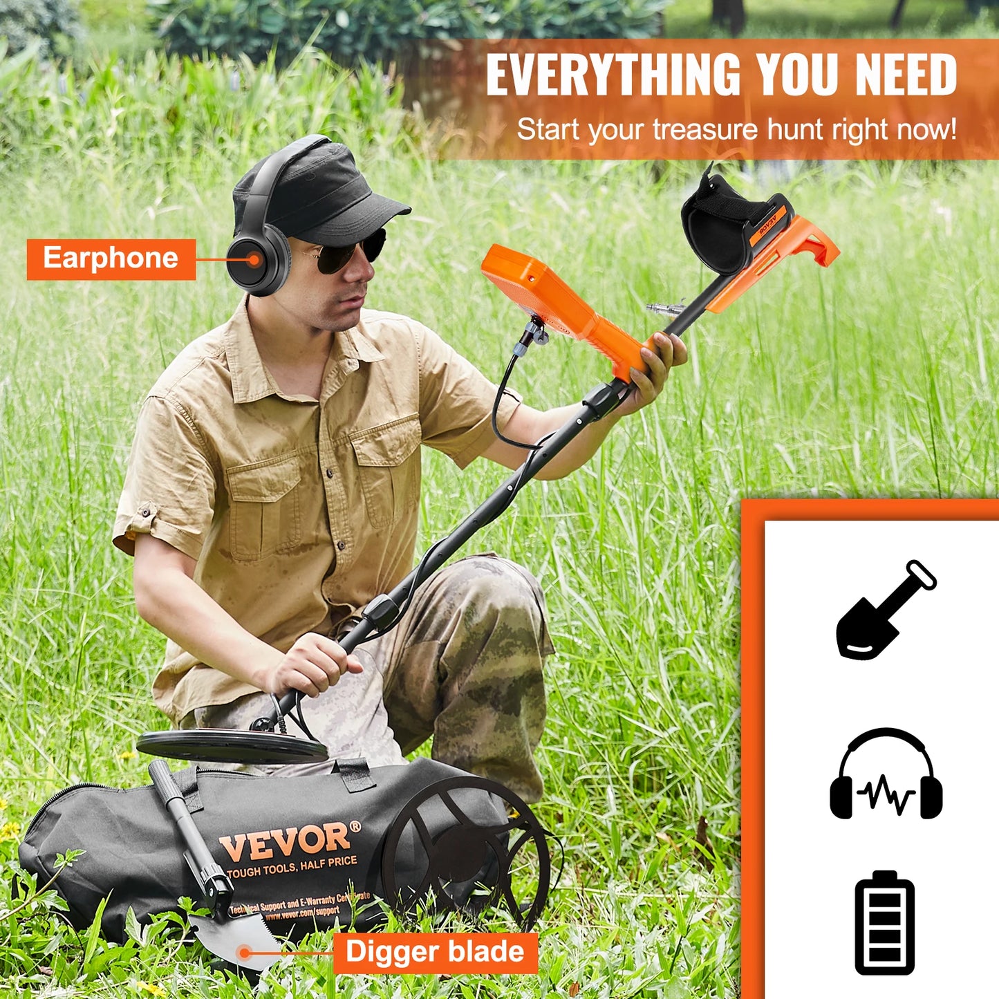 Professional Rechargeable Metal Detector 12" IP68 Waterproof Coil 39-50 in Adjustable LCD 7Modes
