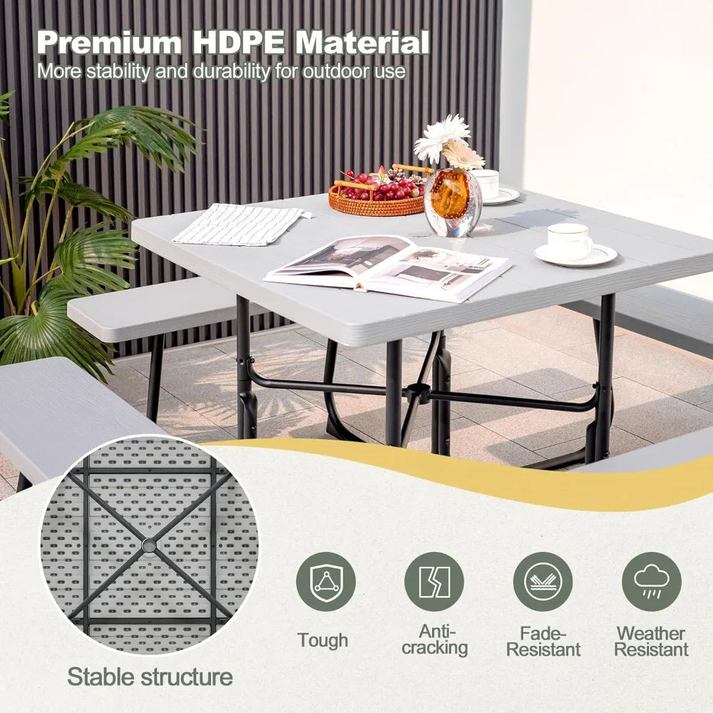 8 Person Picnic Table, Outdoor Square w/ 4 Built-in Benches, Umbrella Hole, Metal Frame & Tabletop,