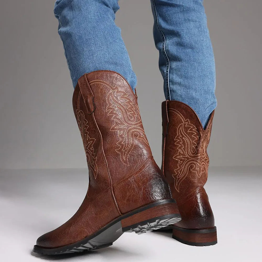 Plus size 12.5 New Fashion Retro Square Toe Neutral Cowboy Boots Luxury Embroidered Concise