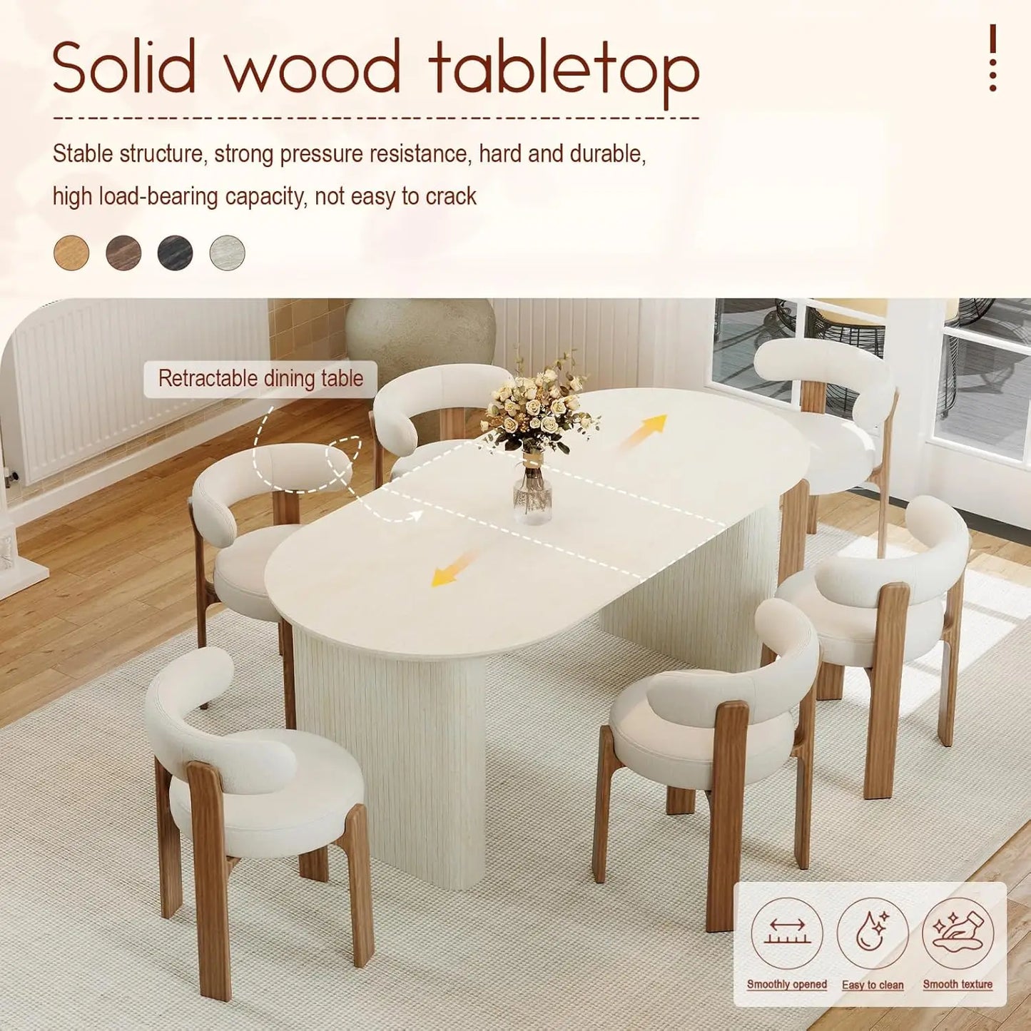 Extendable Oval Wooden Dining Table Seats 4-8 Curved Fluted Base 90in White Oak 4 Panels