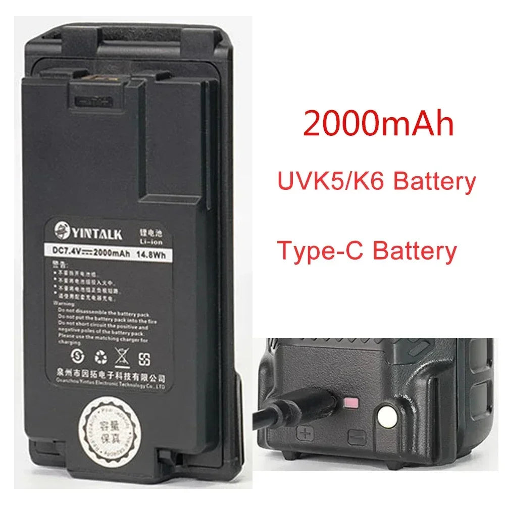 Quansheng UV-K5 K6 Walkie Battery 2000/2600/3500mAh Type-C Charge High Capacity Radio Rechargable