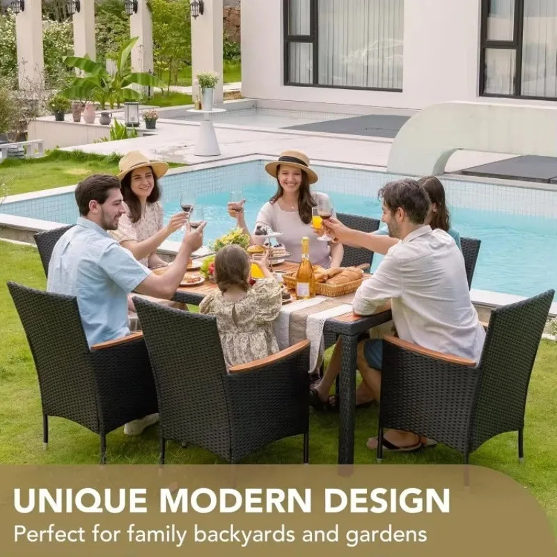 HOT-Dining 7 PCS Furniture, Patio Conversation Set, Acacia Wood Table Top, Rattan Outdoor, Black