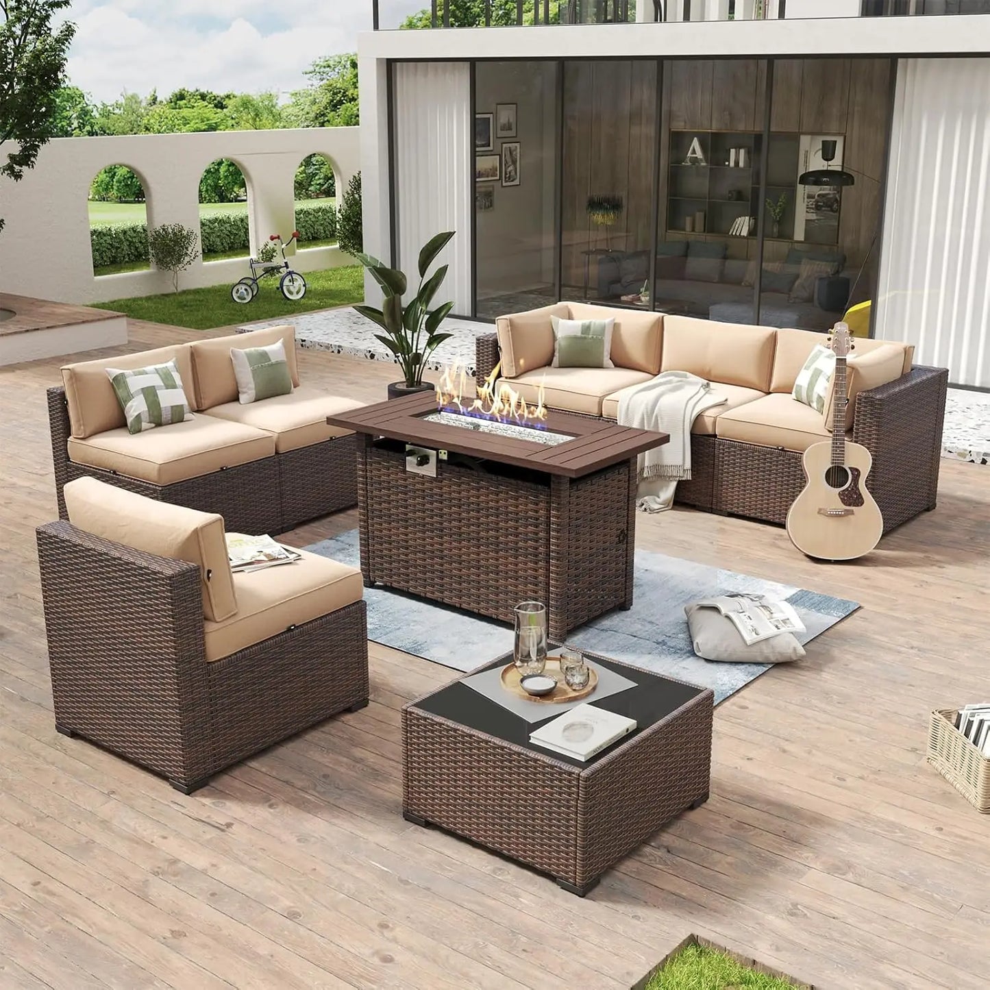 8 Piece Patio Furniture Set 44” Fire Pit Table Wicker Rattan Outdoor Sectional Sofa, Coffee Table