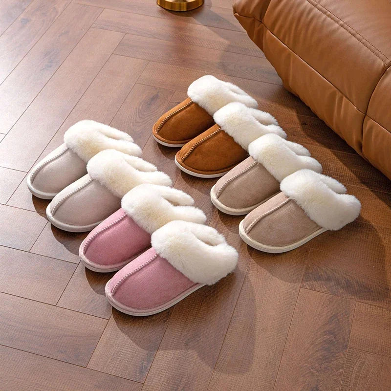 2025 Winter Warm Flat Fur Slippers Women Faux Suede  Slides Comfort Non Slip Indoor FloorCotton