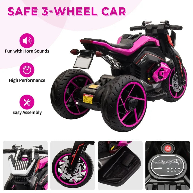12V Three-wheel Ride On Motorcycle, elec. w/horns, LED Lights, kids  3-8 Years
