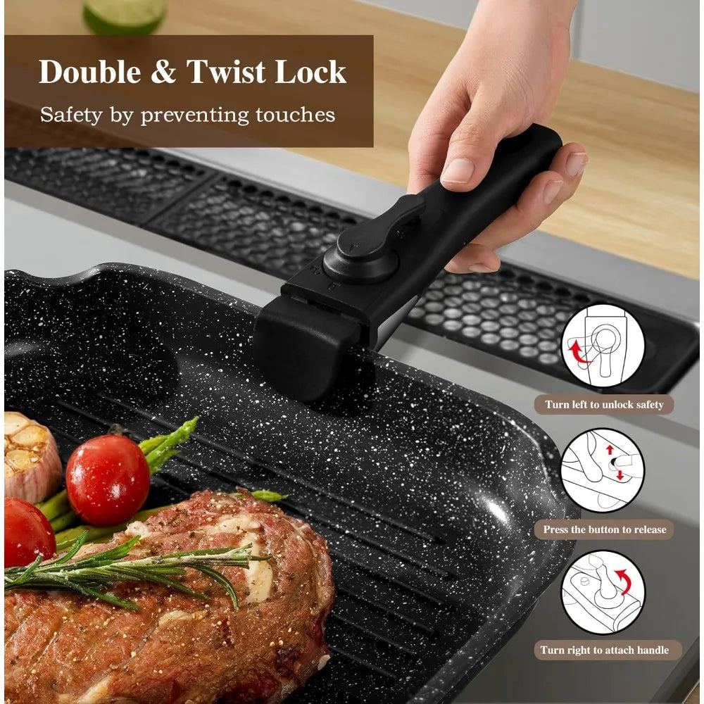 20 Pcs Pot-Pans Set Non Stick, Ceramic Cookware,Detachable Handle, RV Kitchen, Oven Safe