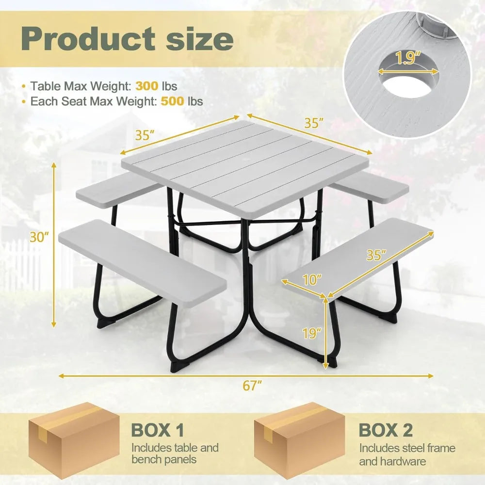 8 Person Picnic Table, Outdoor Square w/ 4 Built-in Benches, Umbrella Hole, Metal Frame & Tabletop,