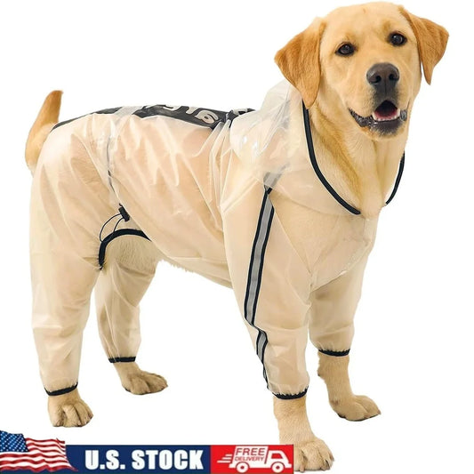 Dog Raincoat Hooded Poncho Waterproof 4 Legs Transparent Reflective Stripe Pet Rain Gear Medium