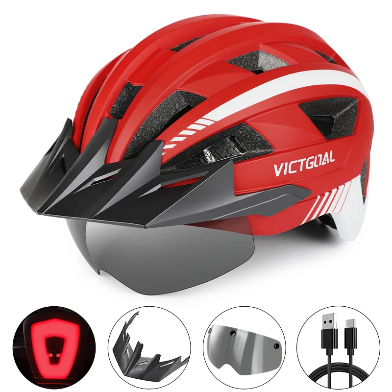 Safety Helmet,Men Women Visor Goggles LED Rear Light,Mountain,Bicycle  Racing Cycling Helmets