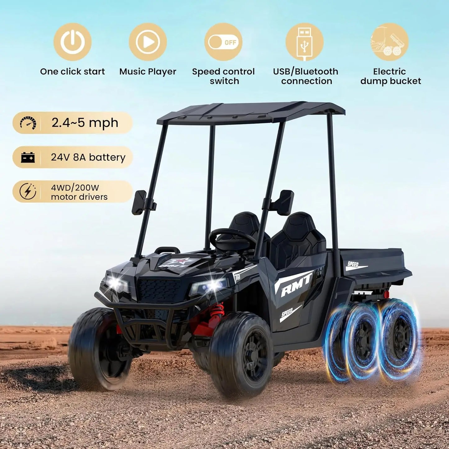 24V Kids Ride on Toys, 2 Seater Car Truck w/Sun Shade, Dump Bed & Shovel, 4WD Electric Ride