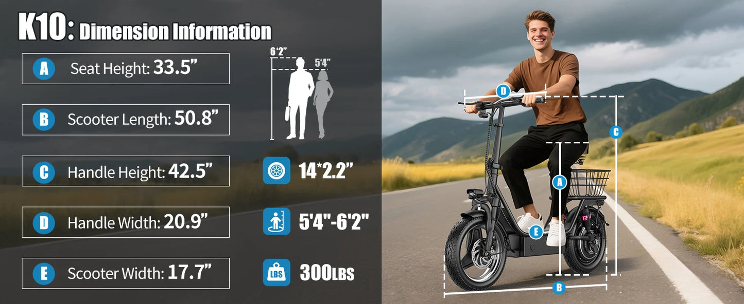 E-Scooter Adults,650W Peak Motor,48V15AH Battery, Seat,Up to 20MPH,25Miles Long Range,With Basket