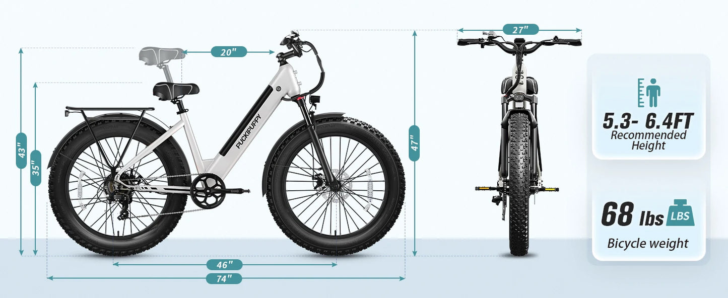 PUCKIPUPPY E-Bike, Adults 960W Peak 48V 15AH 7 Speed All Terrain 26" Fat Tire Front Suspension