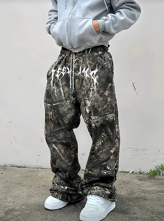 Men's Camo Sweatpants Drawstring Elastic Waist Baggy Straight Leg,Pockets Streetwear