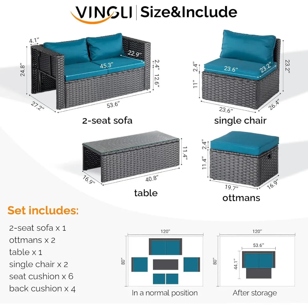 6 Pieces Wicker Patio Set, Outdoor Sectional Conversation Set Space-Saving Design with Ottomans