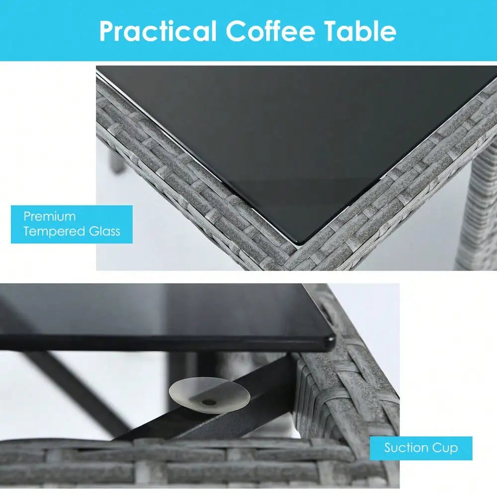 3PCS Outdoor Rattan Conversation Set Patio Dining Table Set w/ Turquoise