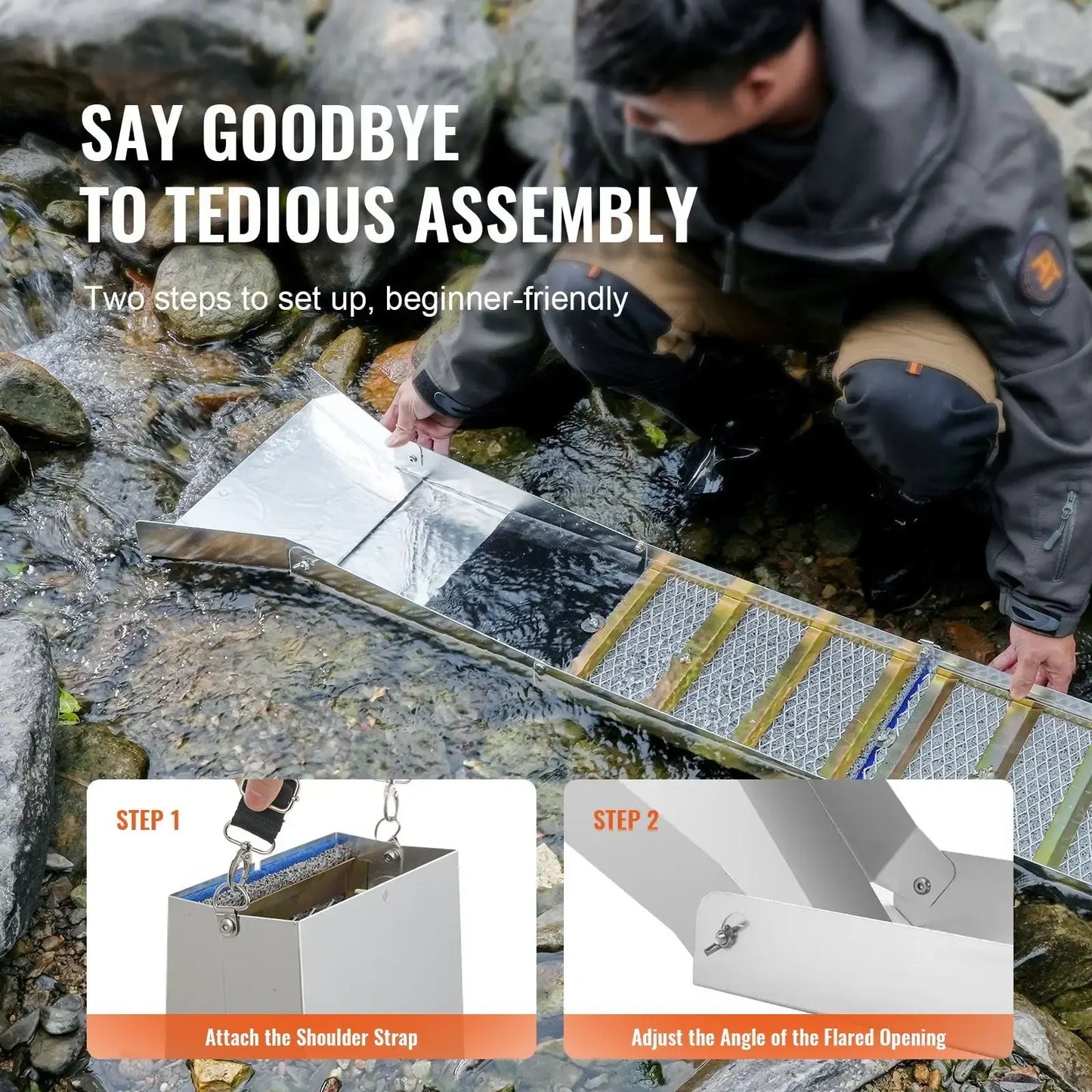 50 Inch Folding Sluice Box Gold Panning Kit, 23pc  Kit with Gold Pan, Classifier Screen