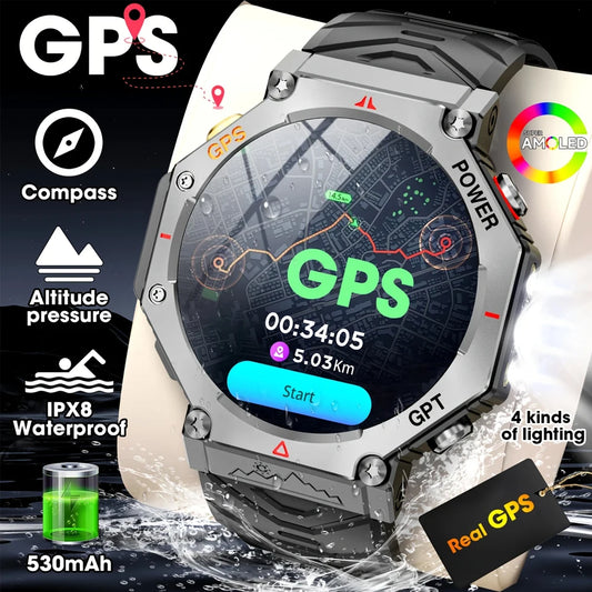 GPS Smart Watch Men Built-in GPS Bluetooth Call AI GPT Fitness Tracker Waterproof Military Sports