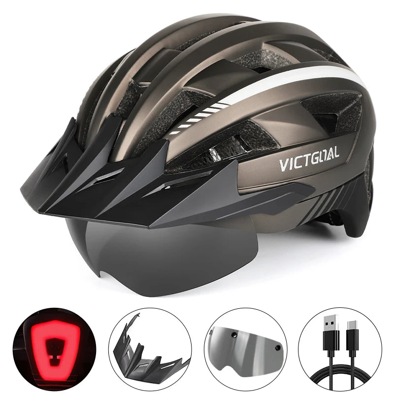 Safety Helmet,Men Women Visor Goggles LED Rear Light,Mountain,Bicycle  Racing Cycling Helmets