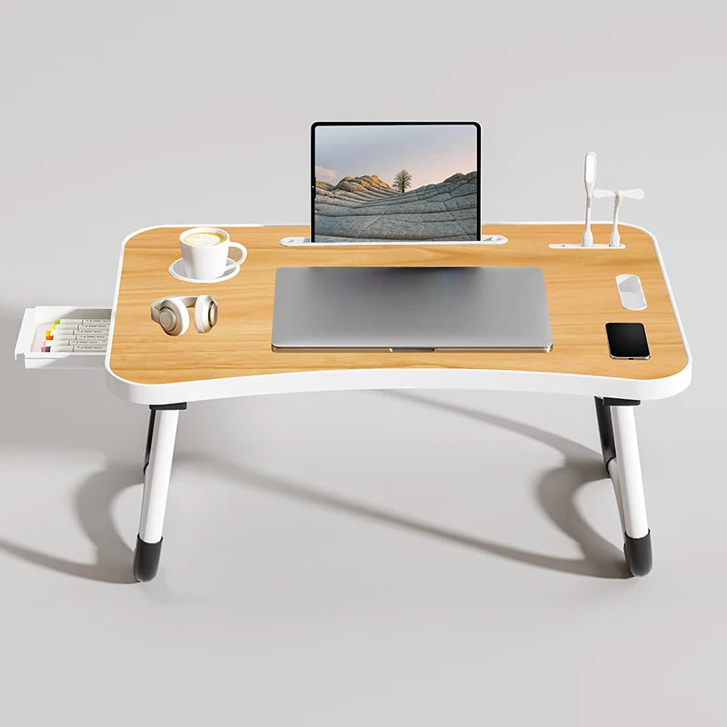 Portable Laptop Desk with USB Light, Small Fan, Cup Holder, laptop Slot, lifting Handle - Foldable