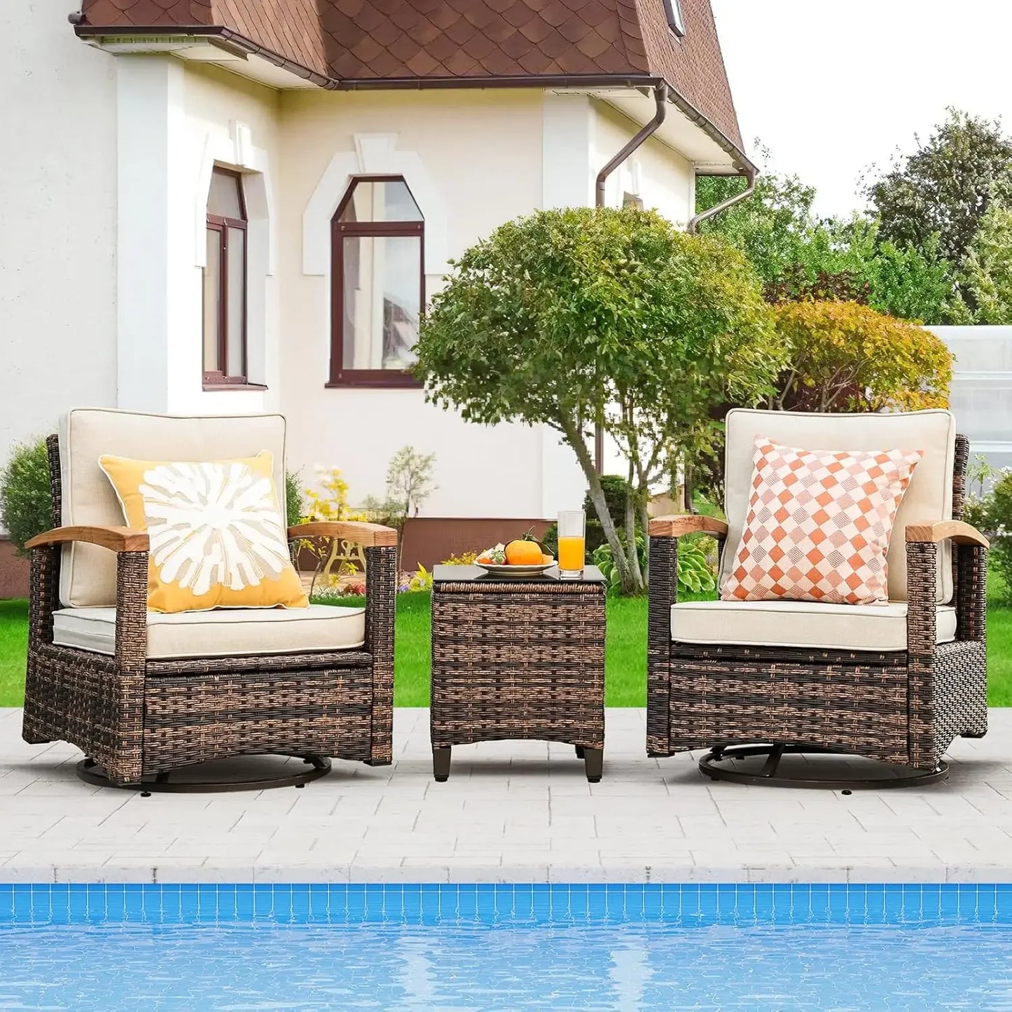 9 Piece Outdoor Patio Furniture Set, Half-Moon Curved Sectional Sofa Rattan Patio Conversation