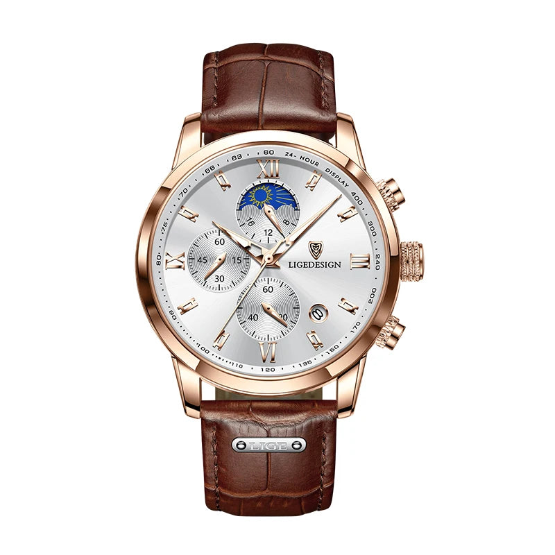 LIGE Business Watch Men Fashion Leather Military Waterproof Mn's Quartz 24 Hour Moon Phase