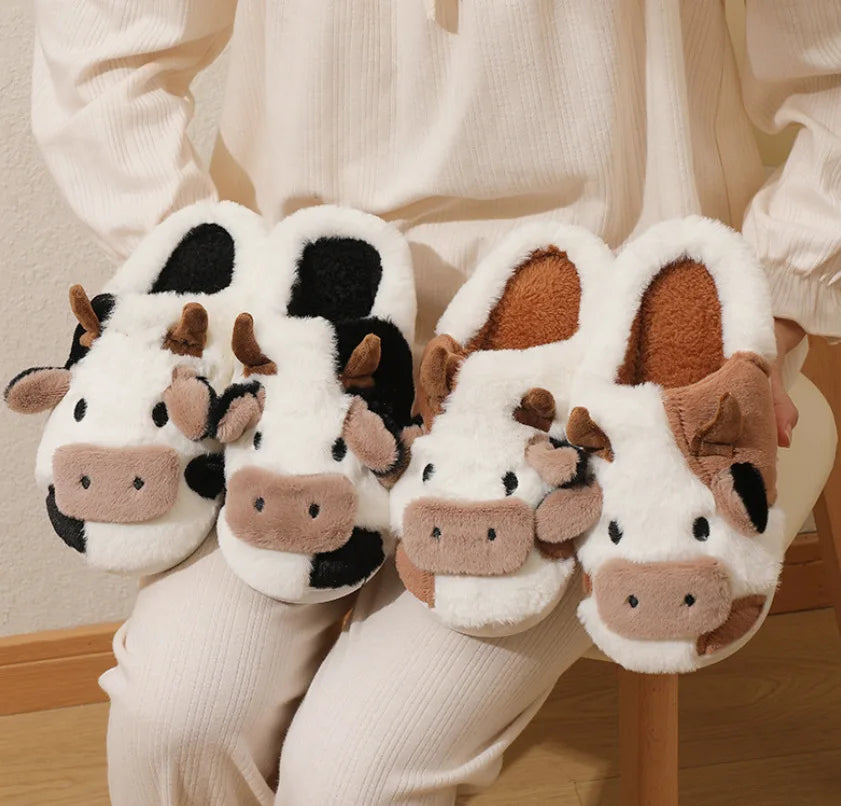 New winter neutral cartoon cow warm slippers for couples, indoor anti slip