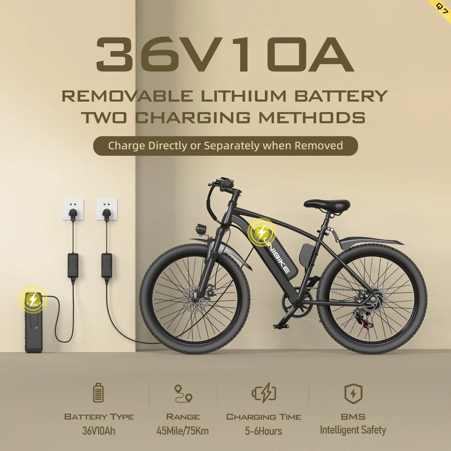 26'' E-Bike, Adults,750W Peak Motor Mountain,22MPH, upto45 Miles,7-Speed,Removable Battery