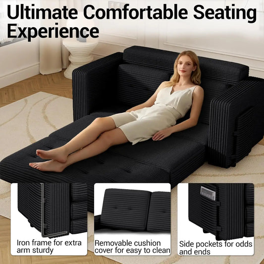 Indoor 3 Fold Convertible Sofa Bed, Black - Pull Out Boneless Couch, Loveseat Sleeper, Pillows