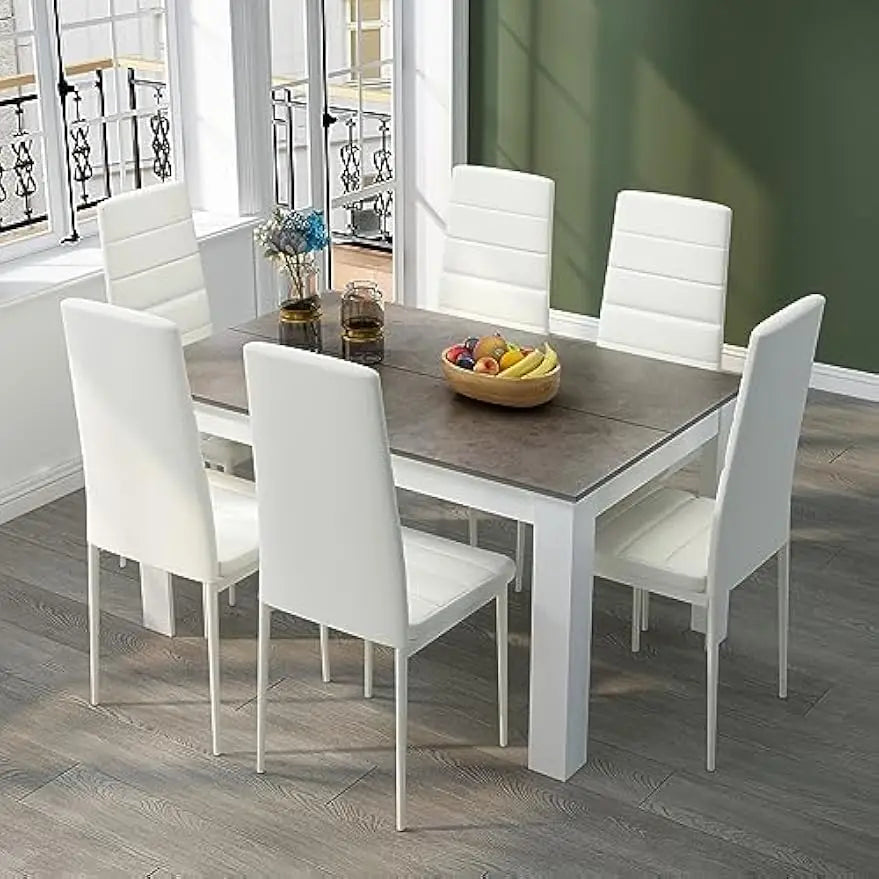 7 Pieces dining/Kitchen Table Set with High Back Faux Leather Chair,Dining Room Kitchen Rectangular