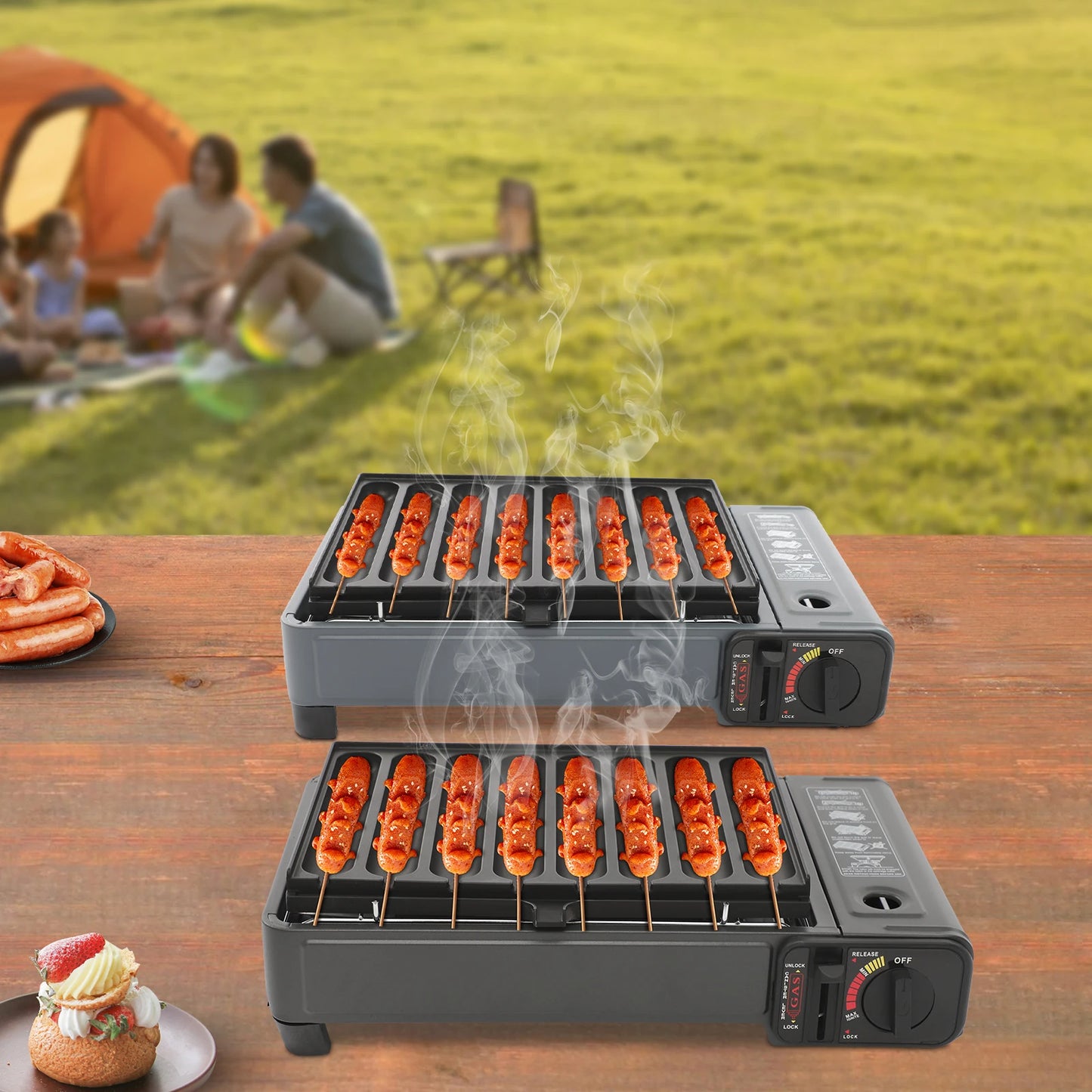 Gas Grill Stove,Sausage Grill Plate,Plastic Box Portable Camping Butane Stove Adjustable Flame