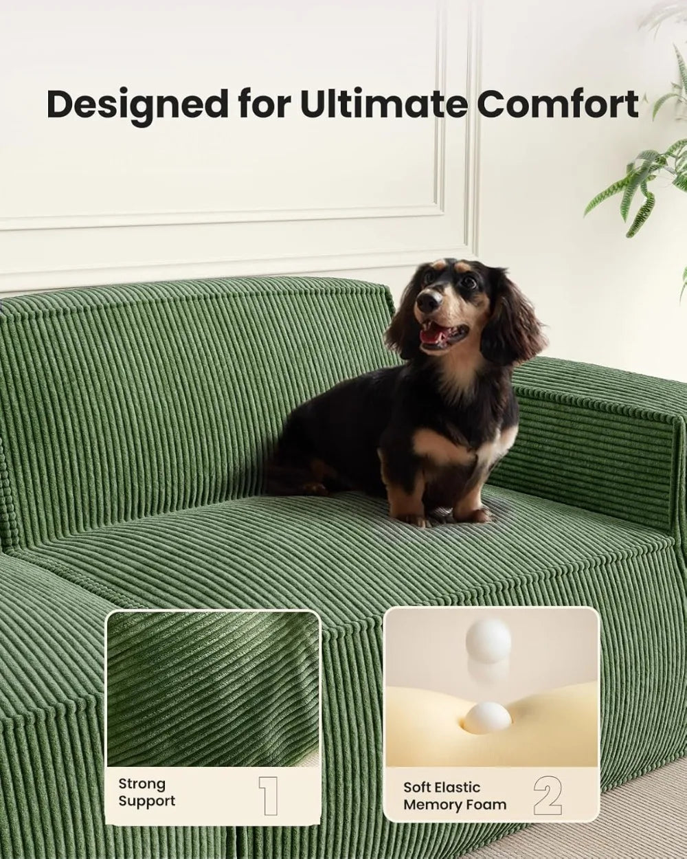 INDOOR-80" L-Shaped Modular Sofa, Corduroy,Deep Seats, High Back, No Assembly  (2-Seat, Green) otman